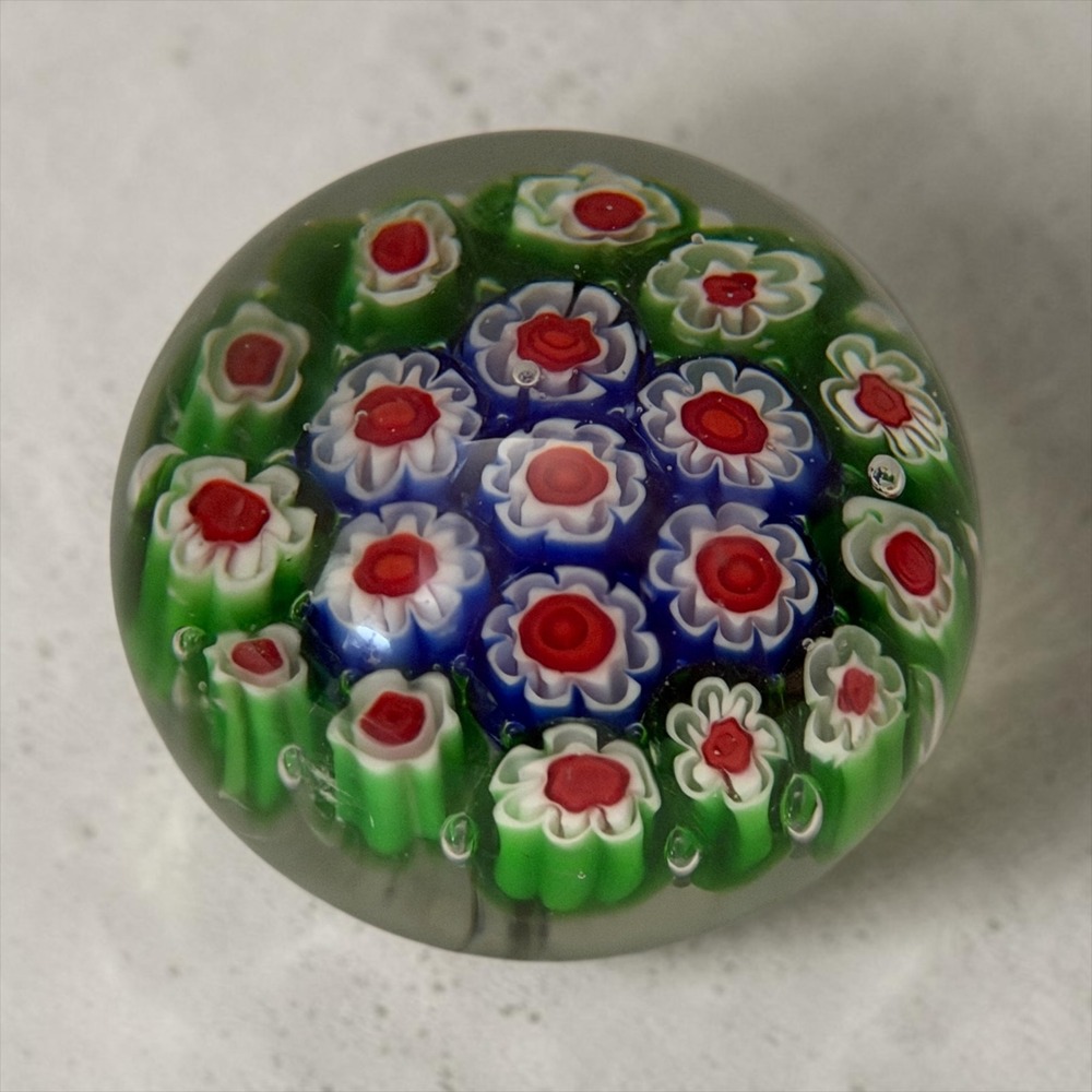 Vintage Millefiori Art Glass Paperweight Blue Green Red Floral Concentric Design